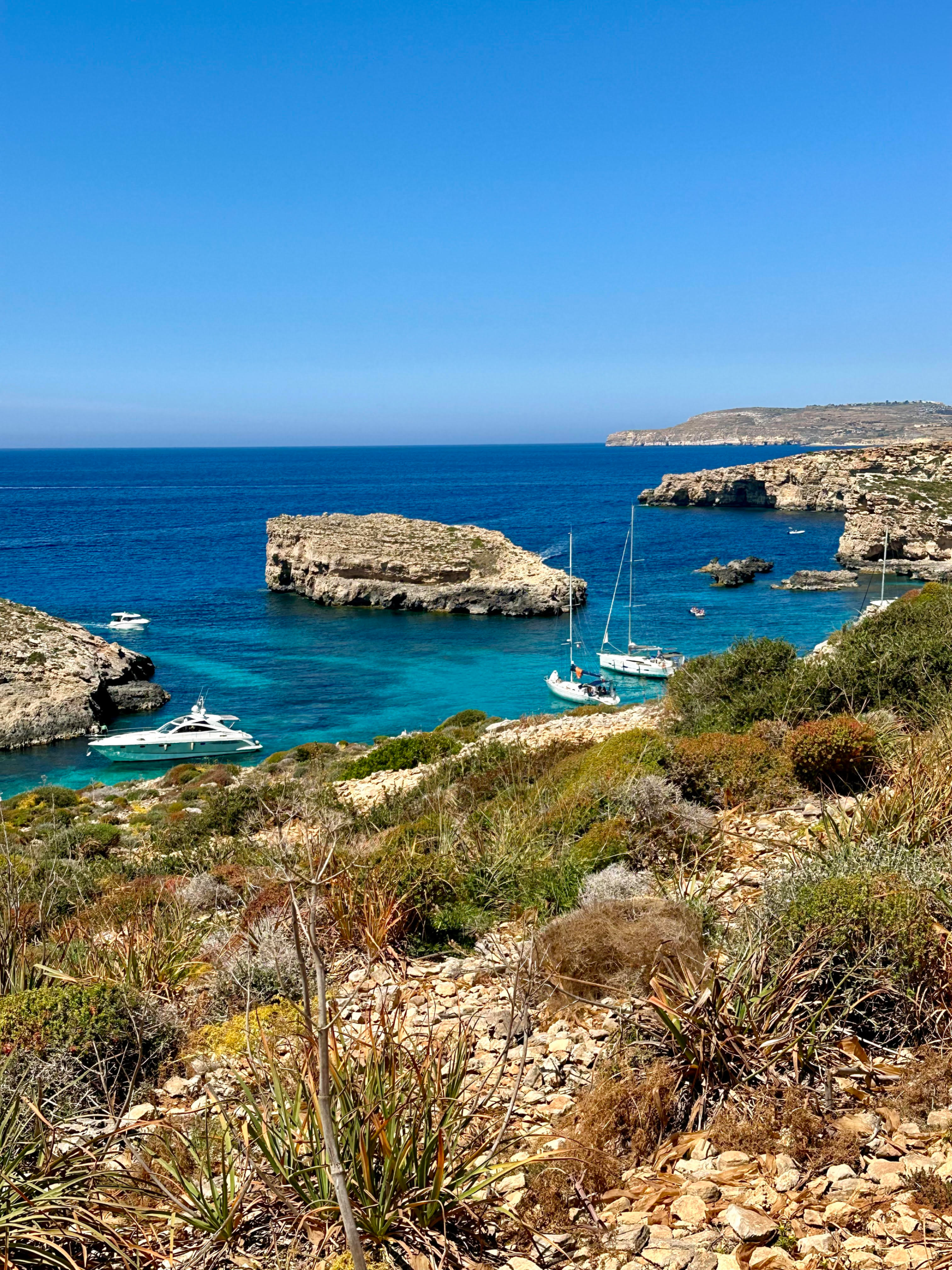 Aerial view of Comino’s Blue Lagoon with turquoise waters. Malta 2025.