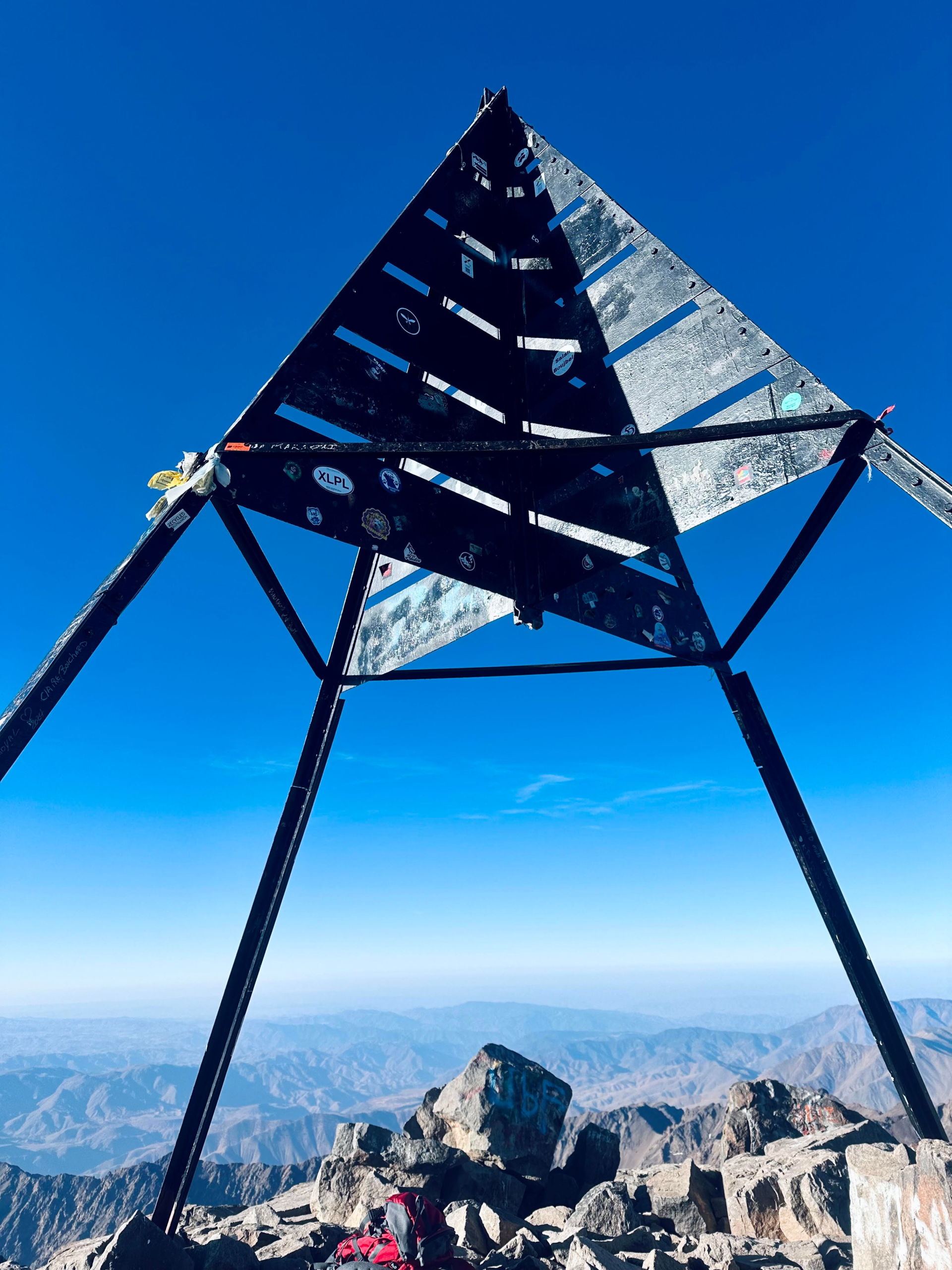 Iron pyramid structure marking the summit of Mount Toubkal, Morocco’s highest peak at 4,167m.